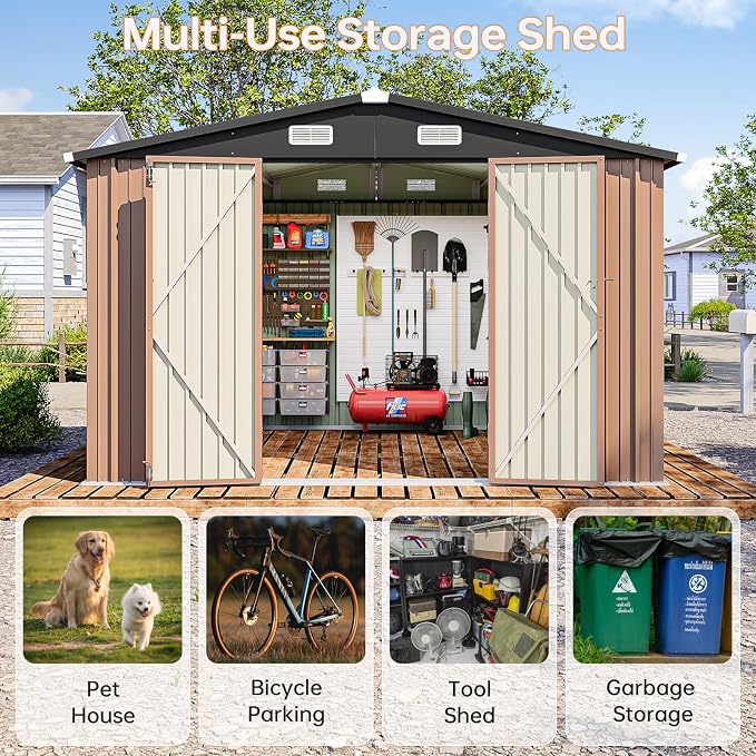 10x8FT Outdoor Storage Shed Brown | Metal Garden Tool Shed with Sloping Roof & Lockable Door for Garden, Patio, Backyard