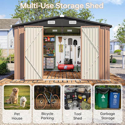 10x8FT Outdoor Storage Shed Brown | Metal Garden Tool Shed with Sloping Roof & Lockable Door for Garden, Patio, Backyard