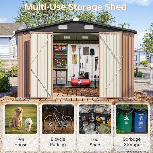 10x8FT Outdoor Storage Shed Brown | Metal Garden Tool Shed with Sloping Roof & Lockable Door for Garden, Patio, Backyard
