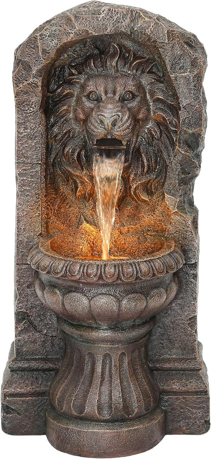AUTODAYA 30" Lion Head Outdoor Fountain LED Cascading Waterfall, Bronze | Rustic Stone Pedestal,faux bronze granite texture,garden patio yard decor