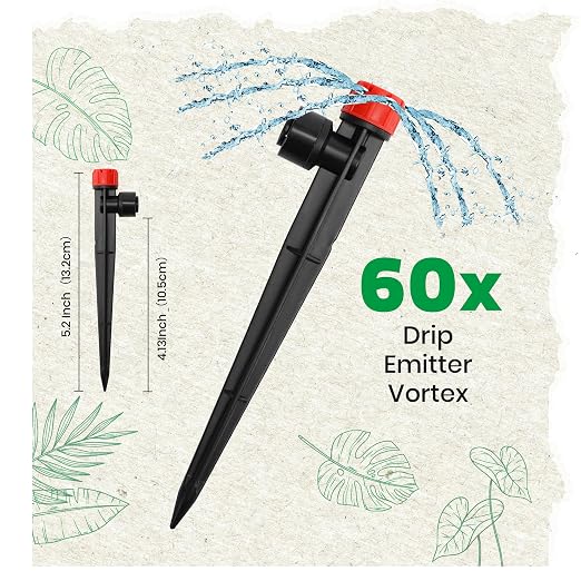 MIXC 60pcs Quick-Connect Drip Irrigation Emitters for 1/4" Drip Irrigation Tubing - Adjustable Push-to-Connect 360° Drip Emitters Stream on 5.5" Sturdy Stake for Irrigation System