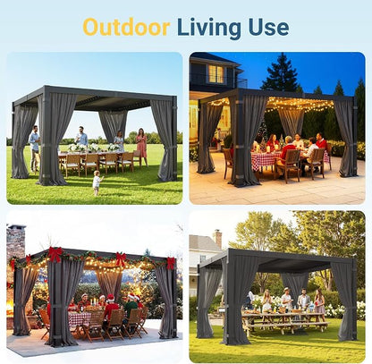 10' x 12' Louvered Pergola, Aluminum Frame Outdoor Pergola with Adjustable Louvered Roof, Curtains & Netting, Patio Hardtop Gazebo with Gutter System for Deck, Garden, Yard, Dark Gray