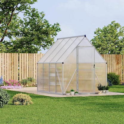 CABIHOME 8x12 FT Outdoor Greenhouse, Polycarbonate Greenhouse with Roof Vent and Ground Nails, Aluminum Large Walk-in Green House w/ Lockable Push Door for Outdoor Garden (Silver, 6x7 FT)