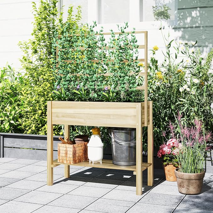 Outsunny Wooden Raised Garden Bed with Trellis, Elevated Planter Box with Storage Shelf, Drainage Holes and Liner, Outdoor Flower Box for Vegetables, Flowers, Herbs