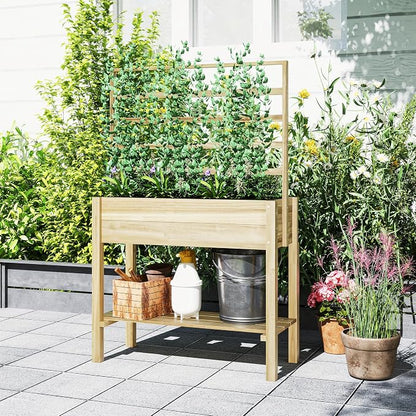 Outsunny Wooden Raised Garden Bed with Trellis, Elevated Planter Box with Storage Shelf, Drainage Holes and Liner, Outdoor Flower Box for Vegetables, Flowers, Herbs