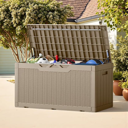 Greesum Outdoor Storage Box 100 Gallon Storage Bin with Lid for Patio Furniture, Garden Tools, Pool Supplies, Lockable, Waterproof and UV Resistant, Light Coffee
