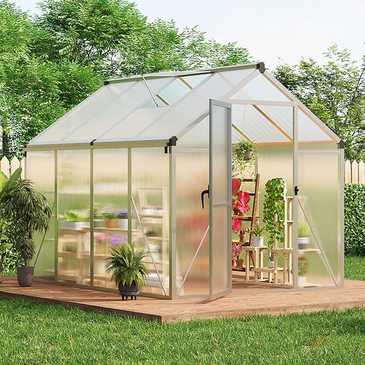 6x8 ft Walk-in Greenhouse, Polycarbonate Panels with Reinforced Aluminum Frame, Large Garden Green House for Planting and Seed Starting, Quick-Assembly Structure with Adjustable Roof Vent