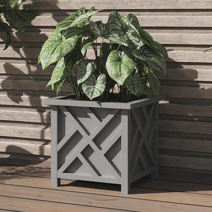 Lattice Design Outdoor Planter Box - 15.5” Square 16.5” Tall Gray Plant Pot - Decorative Plant Pots for Front Porch Decor - Flower Pots Outdoor Planters for Porch Patio or Garden Decor by Pure Garden