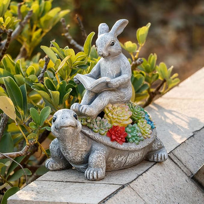 TERESA'S COLLECTIONS Garden Decor, Rabbit Turtle Garden Decor, Cute Bunny and Tortoise with Solar Light, Waterproof Resin Garden Statue, Rabbit Turtle Gifts, Birthday Gifts for Women Mom 6.3"
