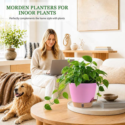 Self Watering Pots for Inoor Ourdoor Plants 8/7/6.5/6/5 Inch Plastic Planters with Drainage Holes & Water Level Indicator, Decorative House Flower Nursery Planting Pots with Saucers (Dusty Lavender)