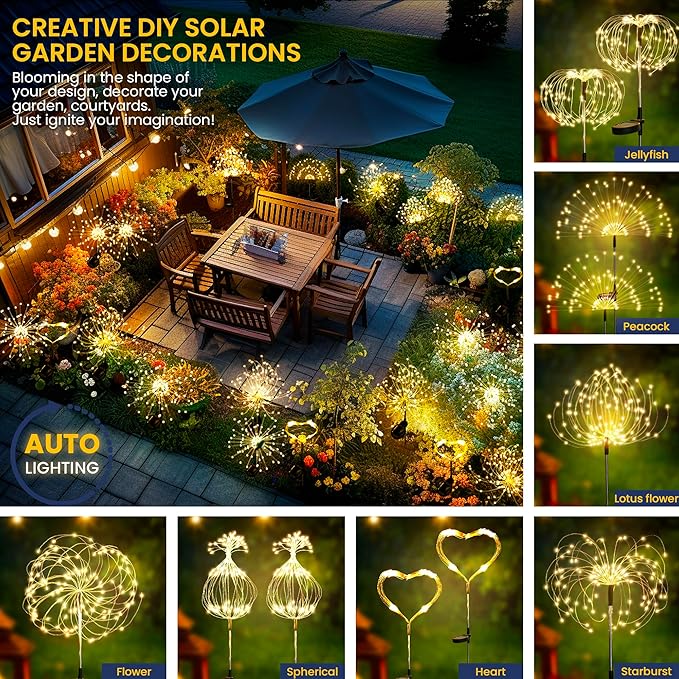 GIGALUMI Garden Decor Outdoor Lights 120LED 8Pack, Solar Garden Lights Outside Fairy Firework Decorative,Solar Powered for Yard Pathway Flowerbed Planter Balcony Patio, Gifts for mom (Warm White