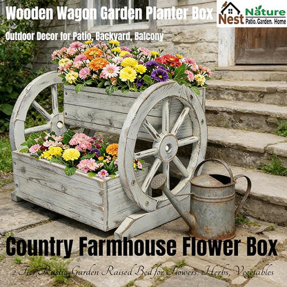 NestNature Wooden Wagon Planter Box|Raised Garden Bed W/Wheels for Plants | 2 Tier Classic Rustic Flower Pot Use Indoor&Outdoor Decor On Patio,Porch,Garden-Outdoor Planter For Flowers,Herbs,Vegetables