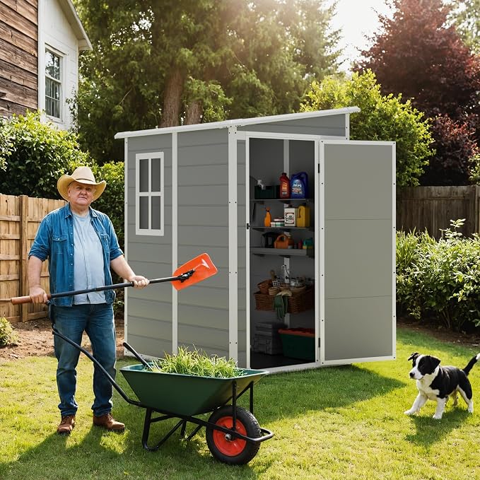 Greesum 5x4FT Plastic Outdoor Storage Shed, Resin Shed with Floor and Window, Tool Sheds with Lockable Door and Vent, for Garden, Garage, Lawn, Backyard, Light Gray