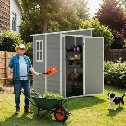Greesum 5x4FT Plastic Outdoor Storage Shed, Resin Shed with Floor and Window, Tool Sheds with Lockable Door and Vent, for Garden, Garage, Lawn, Backyard, Light Gray