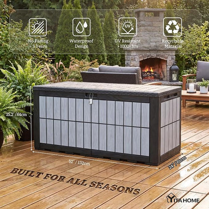 YITAHOME 134 Gallon Large Deck Box | Waterproof Resin Outdoor Storage Box with Lock, Doubles as Bench Seating for Patio Furniture Cushions,Garden Tools & Pool