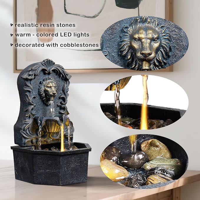 Tabletop Waterfall Fountain with Lion Head – Resin Table Top Water Fountains Indoor for Desk & Home Decor (RJ-21116N)