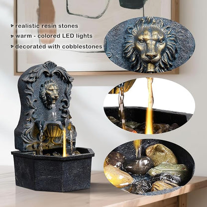 Tabletop Waterfall Fountain with Lion Head – Resin Table Top Water Fountains Indoor for Desk & Home Decor (RJ-21116N)