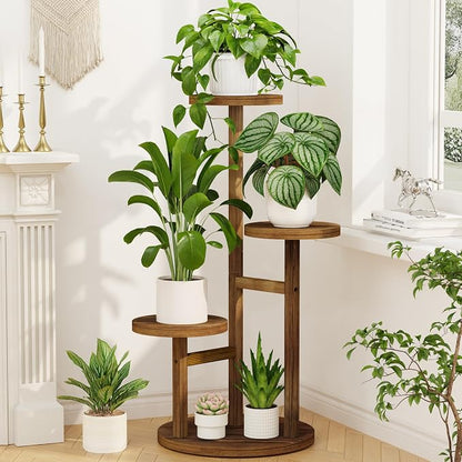 LASZOLA 3 Tiered Wood Plant Stand Indoor Corner, Flower Holder Rack Tall for Multiple Plants, Rustic Planter Shelf Display for Patio Garden Balcony Living Room, Brown