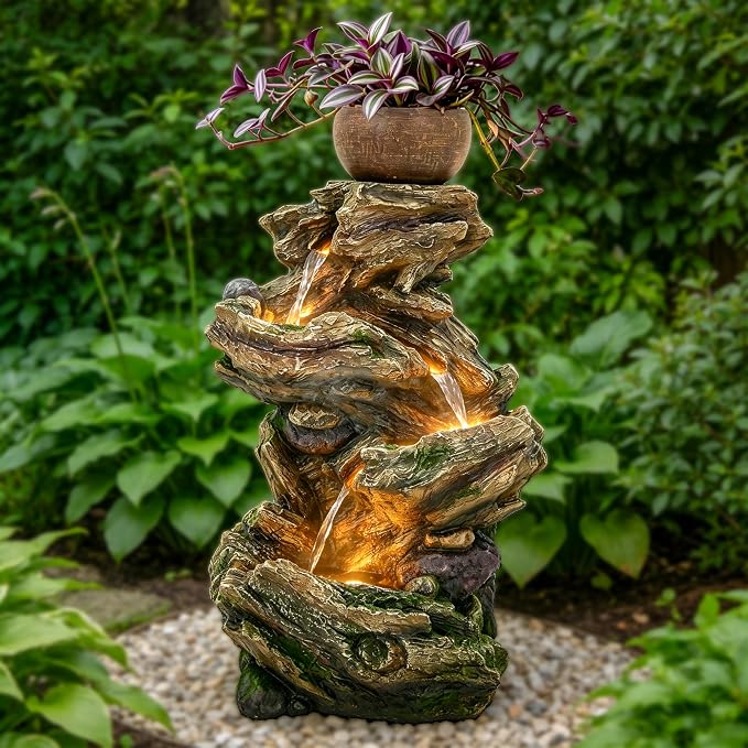 33" Rustic Tree Trunk Outdoor Water Fountain with Planters, Handcrafted 5-Tier Cascading Water Feature with Moss & LED Lights, Relaxing Tranquil Decor for Garden Yard Patio Porch