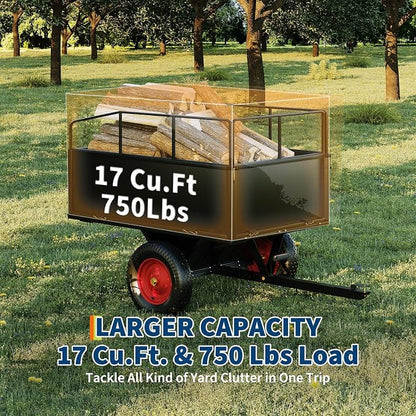 PeakPursuit Tow Behind Steel Dump Cart, Heavy Duty Yard Garden Trailer with Removable Sides & All Terrain Tires, Fits Lawn Mower, Tractor, Garden Cart, 750 lbs 17 Cubic Feet, Black