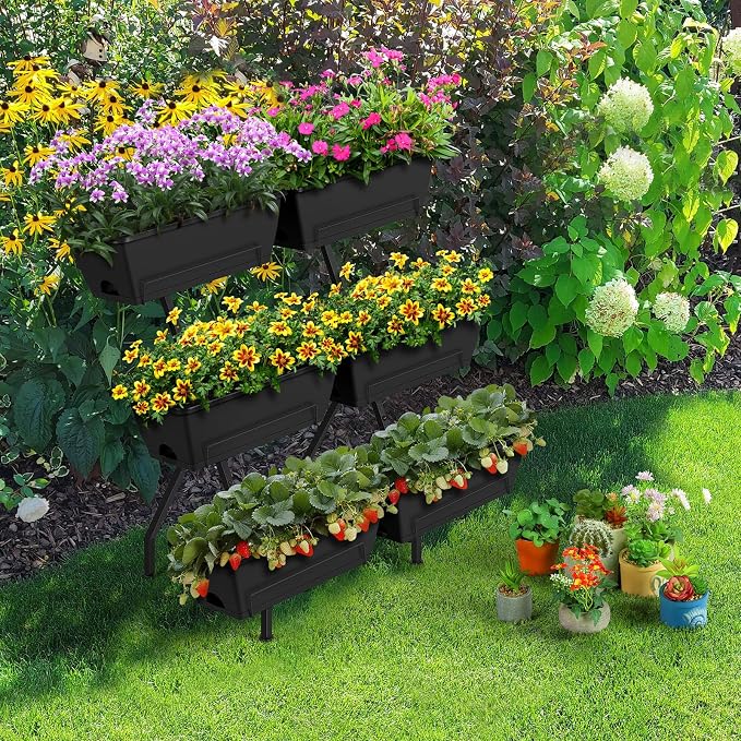 Raised Garden Beds Outdoor with 6 Garden Planter Boxes Freestanding Vertical Raised Bed for Gardening with Legs, Elevated Herb Garden Planter with Water Drainage for Patio, Balcony, Backyard, Black
