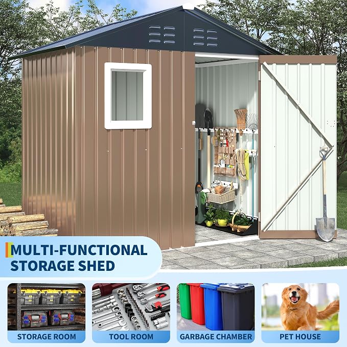 6x4 FT Outdoor Metal Storage Shed with Window – Lockable Doors & Air Vents, Large Garden Tool Shed for Backyard, Patio, Lawn