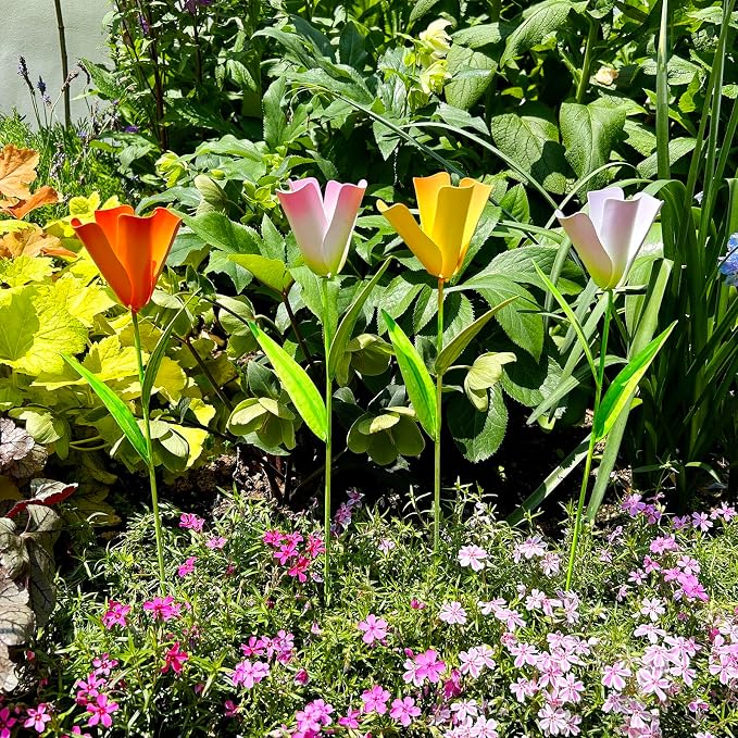 4pack Flower Garden Stake Decor, Rustic Metal Tulips Floral Stake Yard Art Ornament Outdoor Spring Decor, Garden Flowers Stick for Patio Lawn Yard Pot Decoration