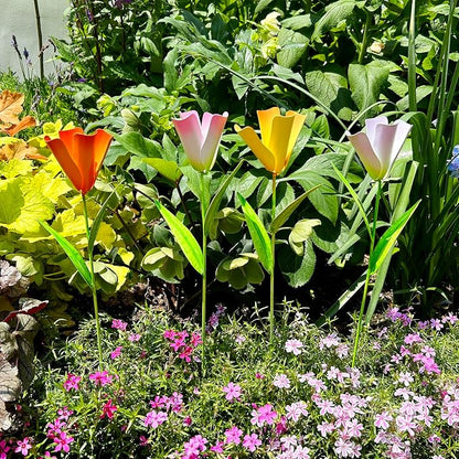 4Pcs Metal Flower Garden Stakes, 16.25" H Rustic Tulips Yard Stake Decorative Spring Outdoor Garden Decor Planter Flower Pot Metal Flower Stick for Patio,Lawn,Yard,Pathway (Tulips)