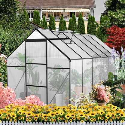 6x12 FT Polycarbonate Greenhouse with Raised Base and Anchor Aluminum,Heavy Duty Walk-in Green Houses,w/ Drainage System & Adjustable Roof/Sliding Door,for Outdoor Backyard,Black