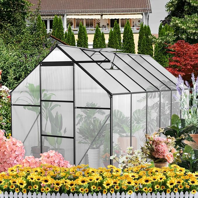 6x12 FT Polycarbonate Greenhouse with Sliding Door and Adjustable Roof, Heavy Duty Aluminum Walk-in Greenhouses w/ Raised Base for Outdoor Garden Backyard,Black