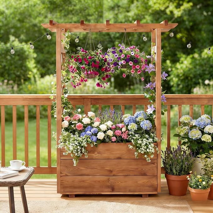 HAPPYGRILL Raised Garden Bed with Trellis, 31” x 16” x 41” Wood Elevated Planter Box with Roof, Freestanding Garden Planter for Climbing Plants Vines Flowers Herbs (1)