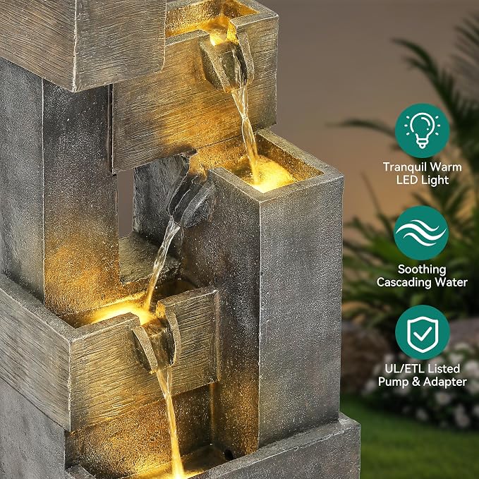 AUTODAYA 32.5" 5-Tier Stacked Blocks Fountains LED Cascading Waterfall | outdoor modern concrete texture, garden patio deck backyard,Porch or Home Décor