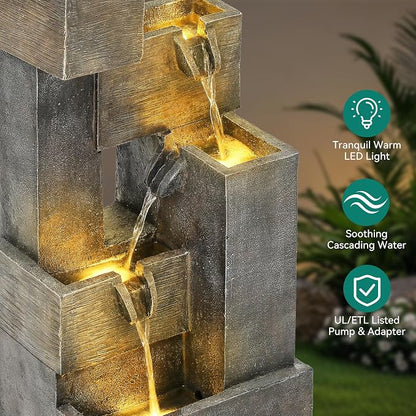 AUTODAYA 32.5" 5-Tier Stacked Blocks Fountains LED Cascading Waterfall | outdoor modern concrete texture, garden patio deck backyard,Porch or Home Décor