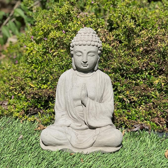 Blessing Buddha Statue: Durable Solid Stone with Distressed Texture. Unique Home Décor, Garden Accent. Sealed for Outdoors. Handcrafted USA. (Antique/Gray)
