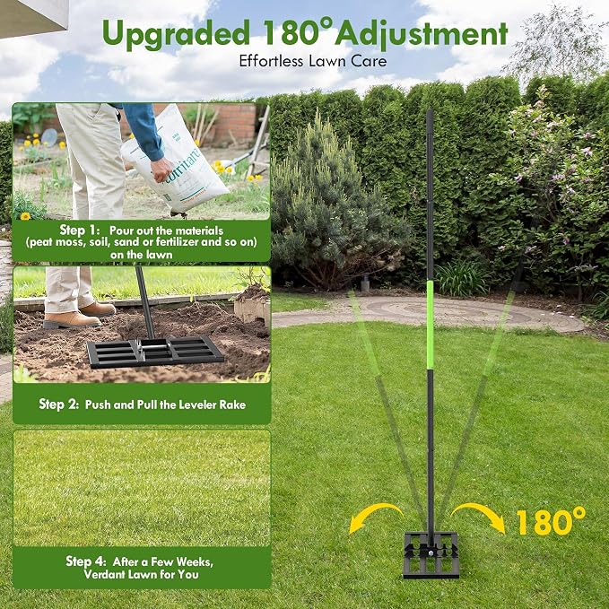 Seeutek Lawn Leveling Rake, 17” x 10” Ground Leveler | with 6.5FT Alloy Steel Handle Rakes for Lawns, 0-180° Adjustable Ground Leveler Tool for Yard, Level Soil Sand Dirt Surfaces
