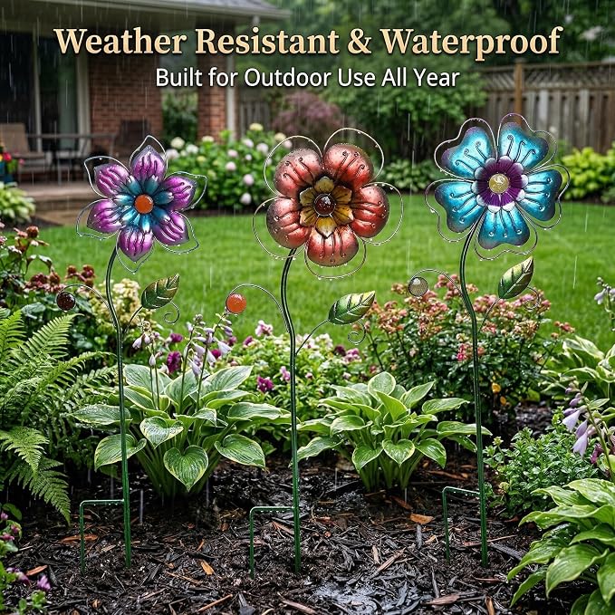 Garden Stake Outdoor Plant Pick Cute Metal Flower Stick Art Ornament Decor Lawn Yard Patio,3 Set