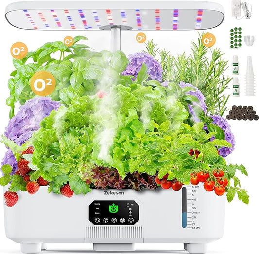 Misting Hydroponic Growing System Kit 15-Pods Indoor Smart Herb Garden Planter with LCD Touch Panel 6L Large Tank for Herb/Vegetables/Flowers/Fruits, Gardening Gifts for Women Men Beginners - White