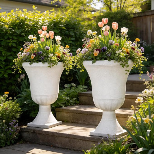 Autodaya 22" White Terrazzo Urn Planters Set of 2 Plastic Flower Pots | Timeless Large Outdoor Planters with Drainage Holes for Porch, Patio, Garden, or Christmas Decor