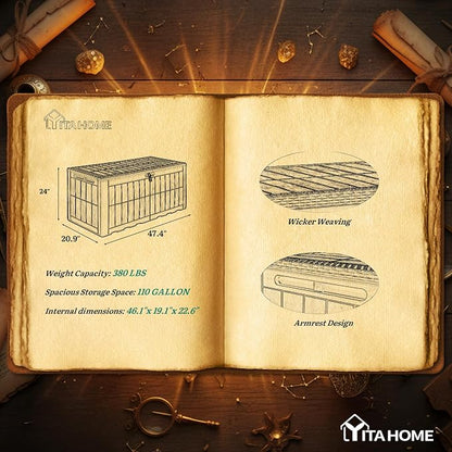 YITAHOME 110 Gallon Outdoor Deck Box | Waterproof Resin Storage Box with Lock, Lockable Patio Furniture Bin, 2-Person Bench Seating for Outdoor Cushions, Garden