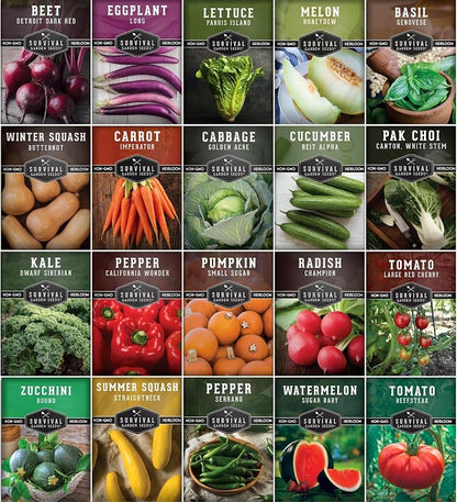Vegetable Garden Starter Kit for Planting | 20 Heirloom Non-GMO Varieties for Beginner Victory Gardens, Start Growing Indoors or Outdoors - Survival Garden Seeds