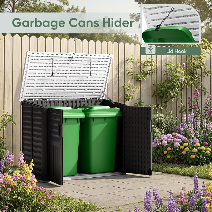 Devoko Outdoor Storage Shed, 34 Cu Ft Outdoor Storage Cabinet Without Shelf, Waterproof, Double Locks, Resin Storage for Trash Can, Garden Tools, Pool Supplies, Black