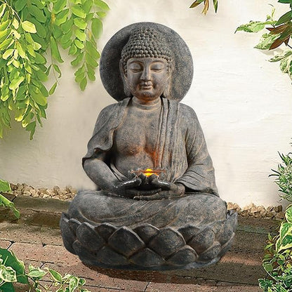 Teamson Home Buddha Zen Statue Water Fountain, Stone Gray | LED Light, Pump Included, Outdoor Patio Garden Backyard Decking, 28 Inch Height