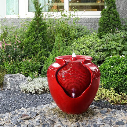 Teamson Home Outdoor Pot Fountain with LED Lights and Pump, Floor Water Fountain for Patio, Garden, Backyard, Decking Home Décor, 16.93 Inch Height, Red | LED Lights, Pump Included, Floor Water Fountain, For Patio, Garden, Backyard, Decking