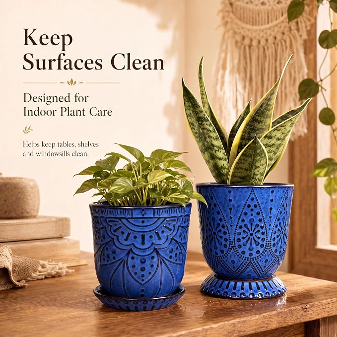 Gepege 6 Inch Beaded Ceramic Planter Set of 2 with Drainage Hole and Saucer for Plants, Indoor-Outdoor Large Round Succulent Orchid Flower Pot (Blue, for Inner-pots not Larger Than 5 Inch)