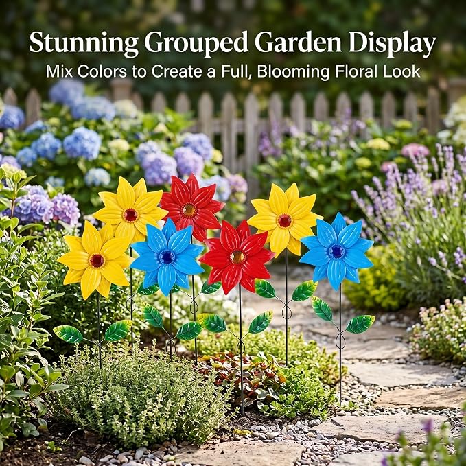3-Pack Metal Flower Garden Stakes, 16 Inch Weatherproof Floral Yard Art, Vibrant Yellow Red Blue Outdoor Decor for Patio, Lawn & Planter