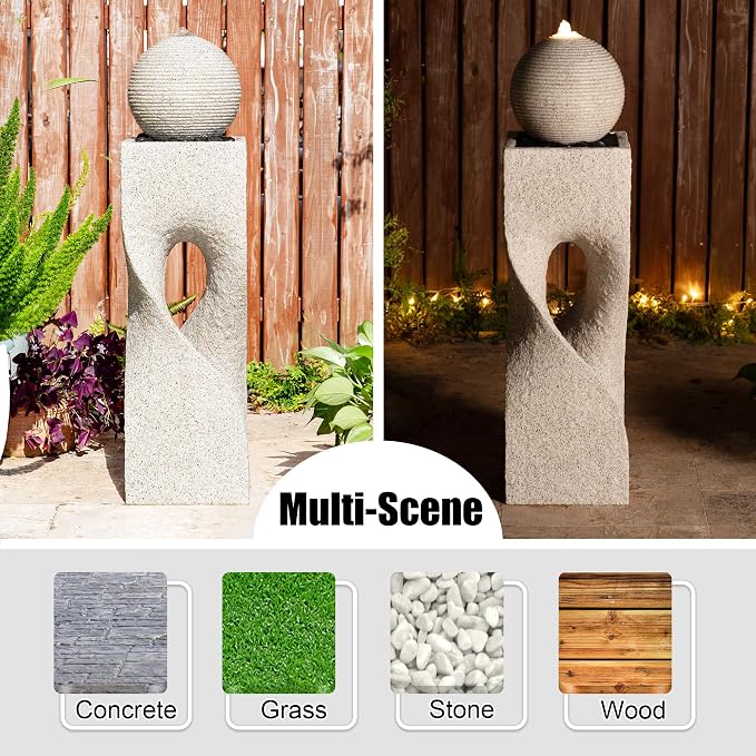 Glitzhome Outdoor Water Fountain with Lights, Outdoor Fountain with Pump, 36.5" H Modern Faux Terrazzo Geometric Pedestal and Sphere Polyresin Garden Fountains for Patio, Balcony, Yard Or Home Decor