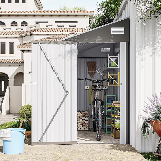 YOPTO 4x8 FT Lean to Shed, Outdoor Metal Storage Sheds with Lockable Door,Garden Tool Shed with Sloping Roof for Backayrd, Patio,Lawn,Gray