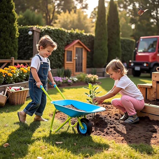 G & F Kids Metal Wheelbarrow, Child-Size Steel Garden Wheelbarrow for Toddlers & Kids, Sturdy Single-Wheel Design for Outdoor Play, Gardening & Sandbox Fun Activities, 28" H x 12" W Kid Size