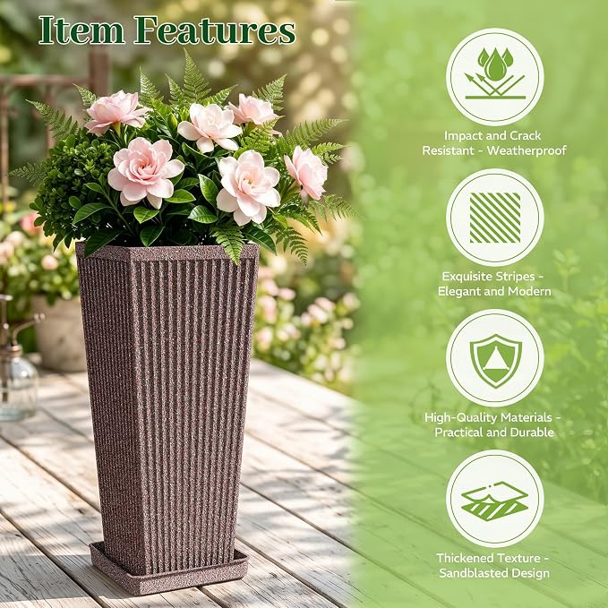 24" Square Tall Planters for Outdoor Plants Set of 2 - Faux Concrete Classic Tapered Indoor Flower Pots with Tray/Drainage Holes/Partition, Large Outdoor Planters for Porch Patio Garden, Brown