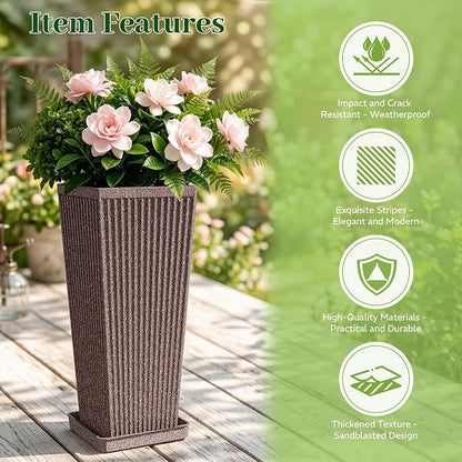 24" Square Tall Planters for Outdoor Plants Set of 2 - Faux Concrete Classic Tapered Indoor Flower Pots with Tray/Drainage Holes/Partition, Large Outdoor Planters for Porch Patio Garden, Brown